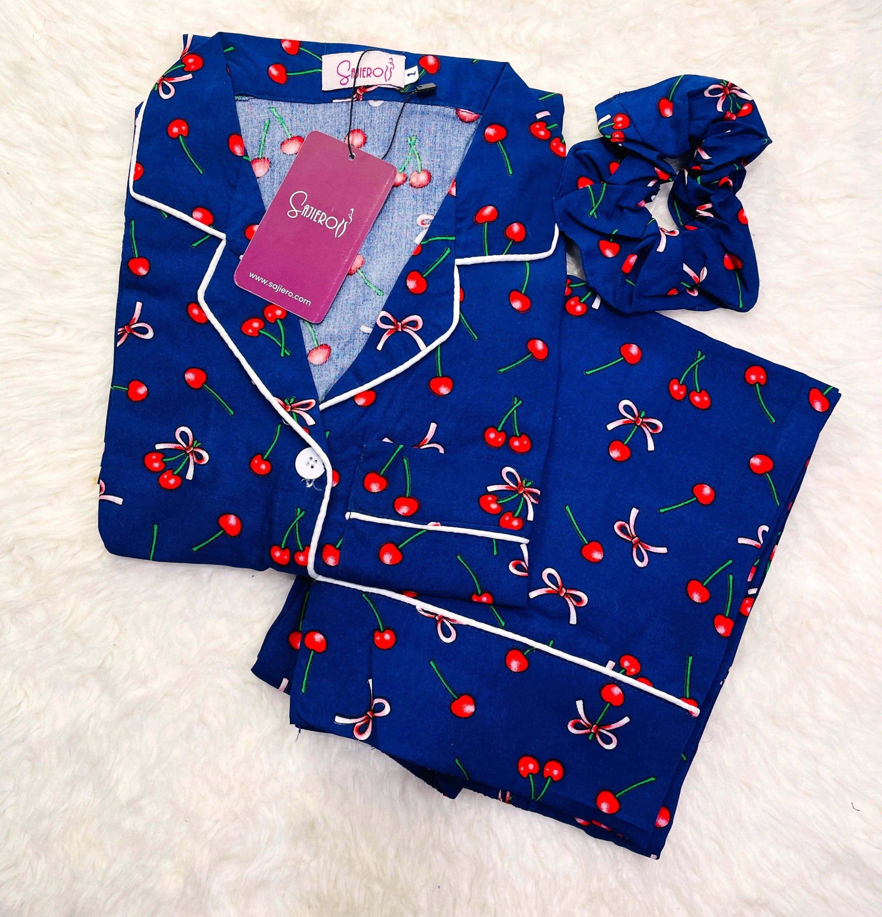 Sajiero Galaxy Boski Linen  Printed Pajama Suit Cherry Blue - My Store