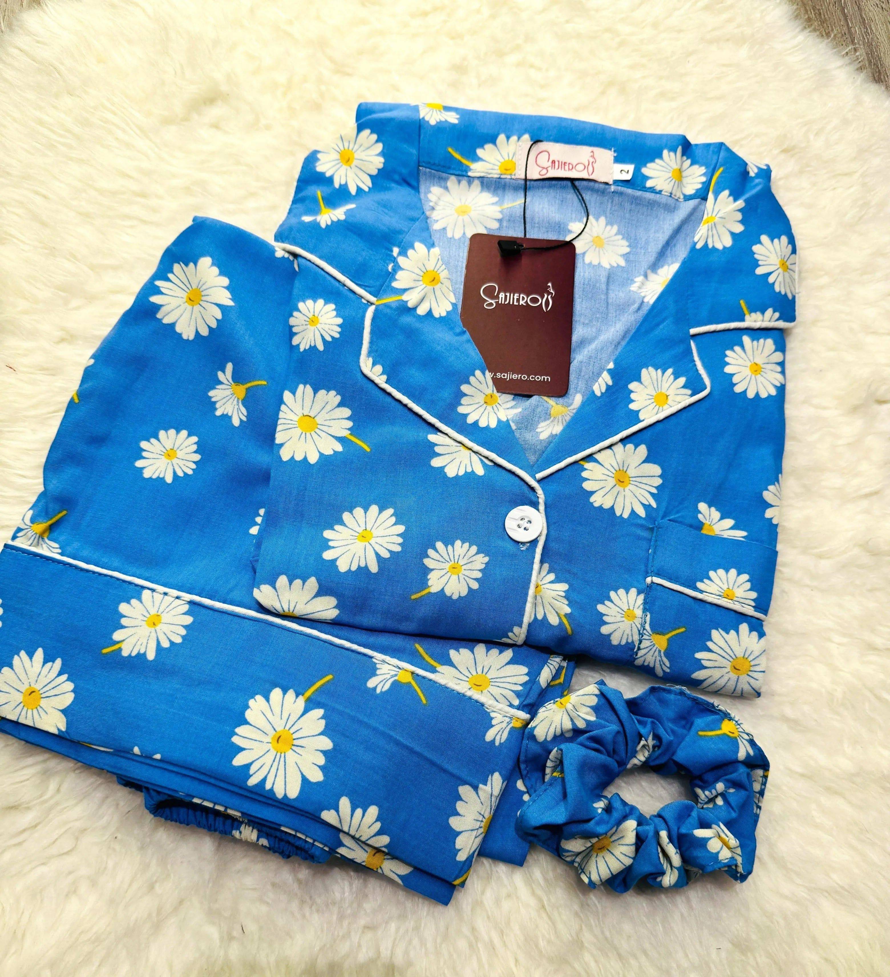 Sajiero Galaxy Boski Linen Printed Pajama Suit Daisy Blue - My Store