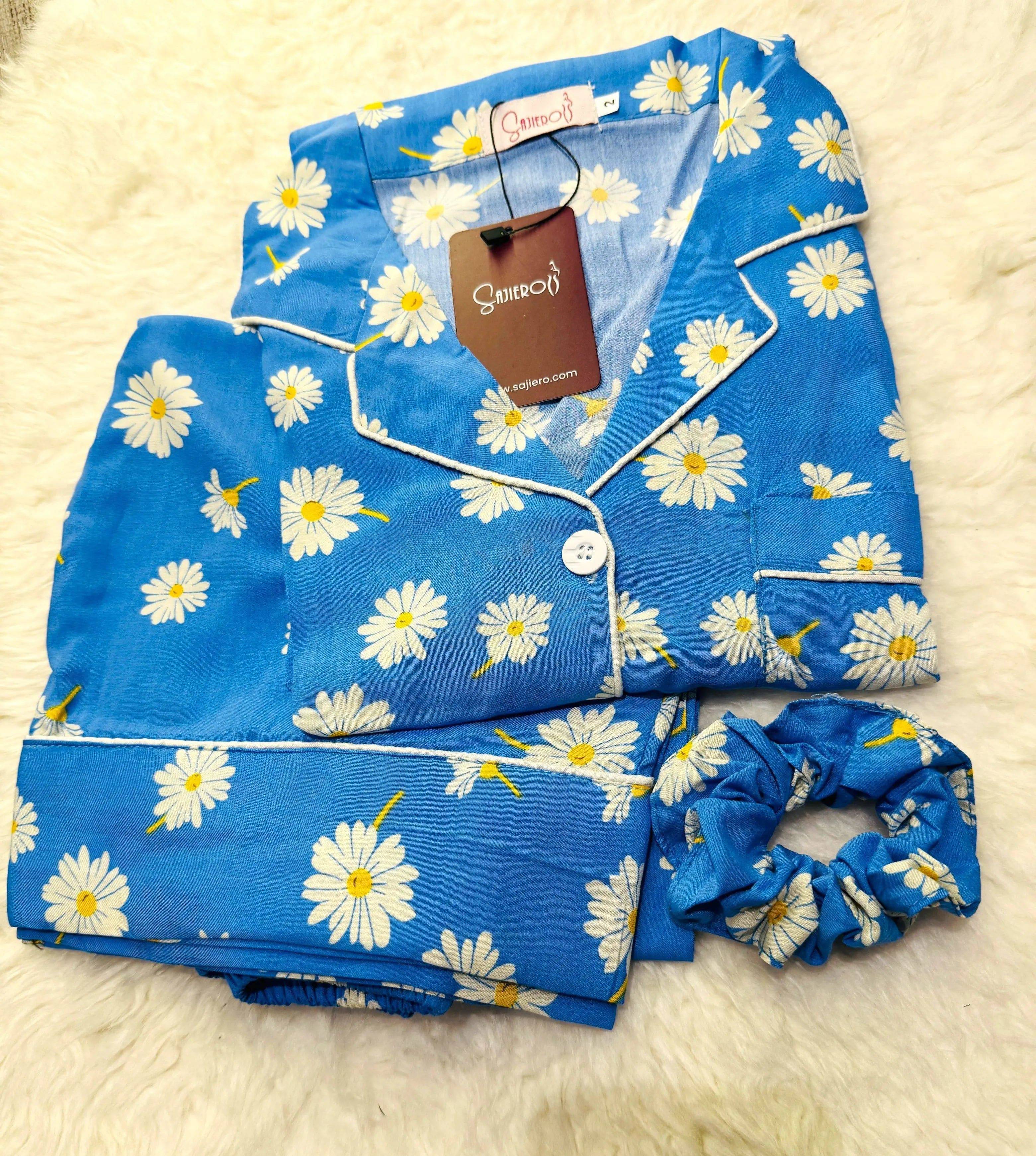Sajiero Galaxy Boski Linen Printed Pajama Suit Daisy Blue - My Store