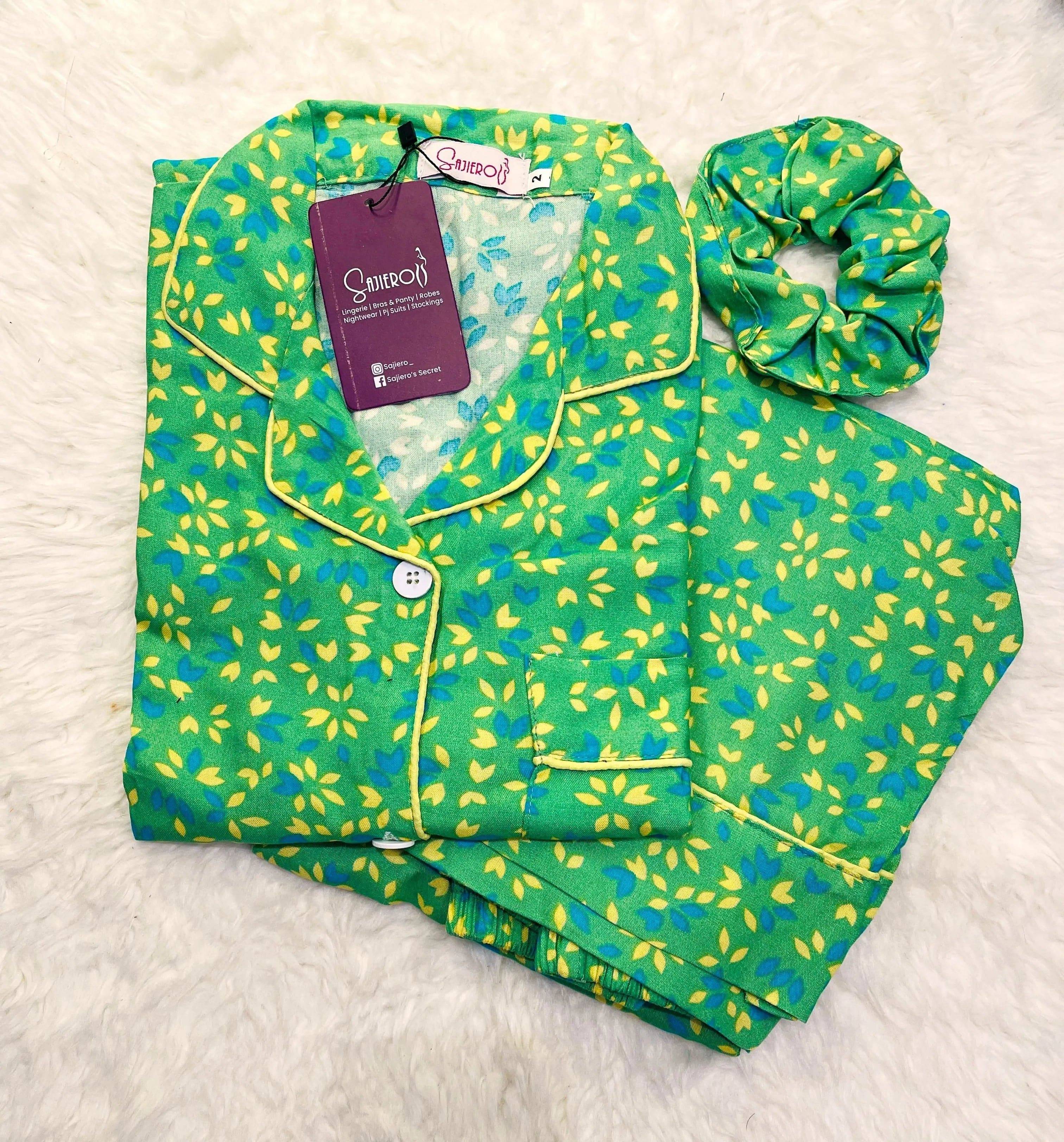 Sajiero Galaxy Boski Linen  Printed Pajama Suit Green Leaves - My Store