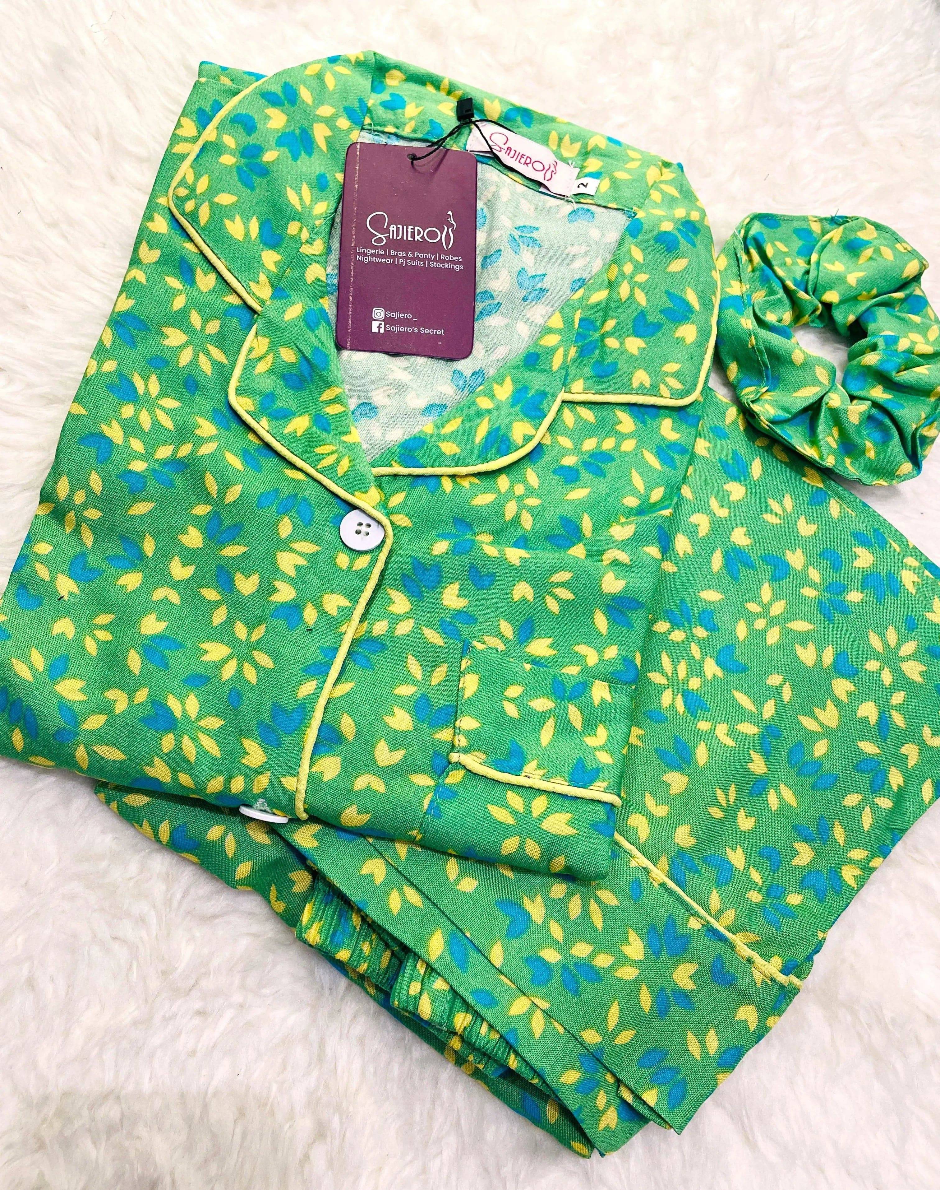 Sajiero Galaxy Boski Linen  Printed Pajama Suit Green Leaves - My Store