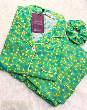 Sajiero Galaxy Boski Linen  Printed Pajama Suit Green Leaves - My Store