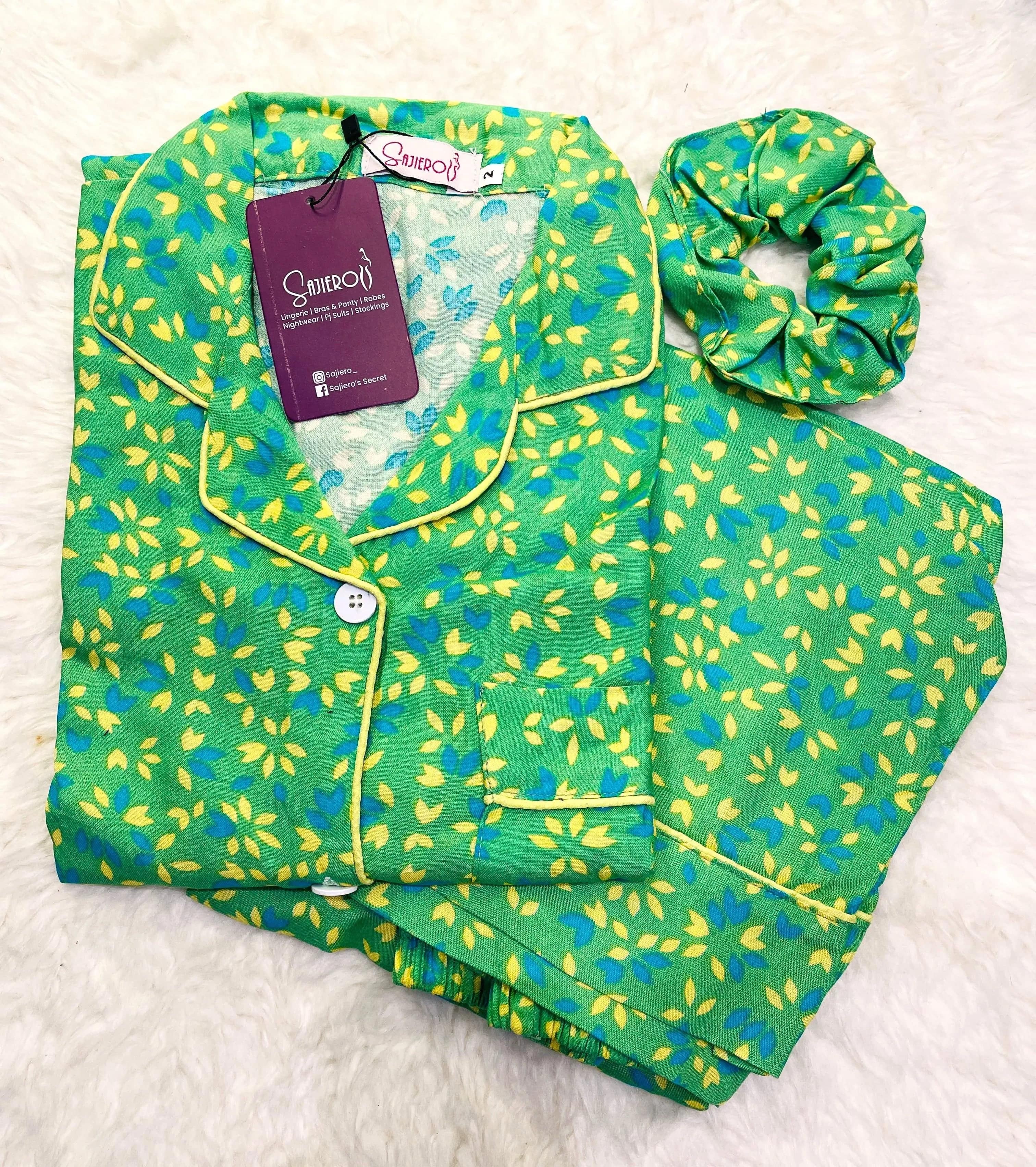 Sajiero Galaxy Boski Linen  Printed Pajama Suit Green Leaves - My Store