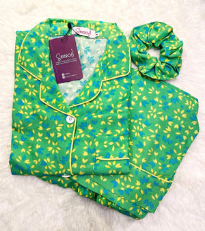 Sajiero Galaxy Boski Linen  Printed Pajama Suit Green Leaves - My Store