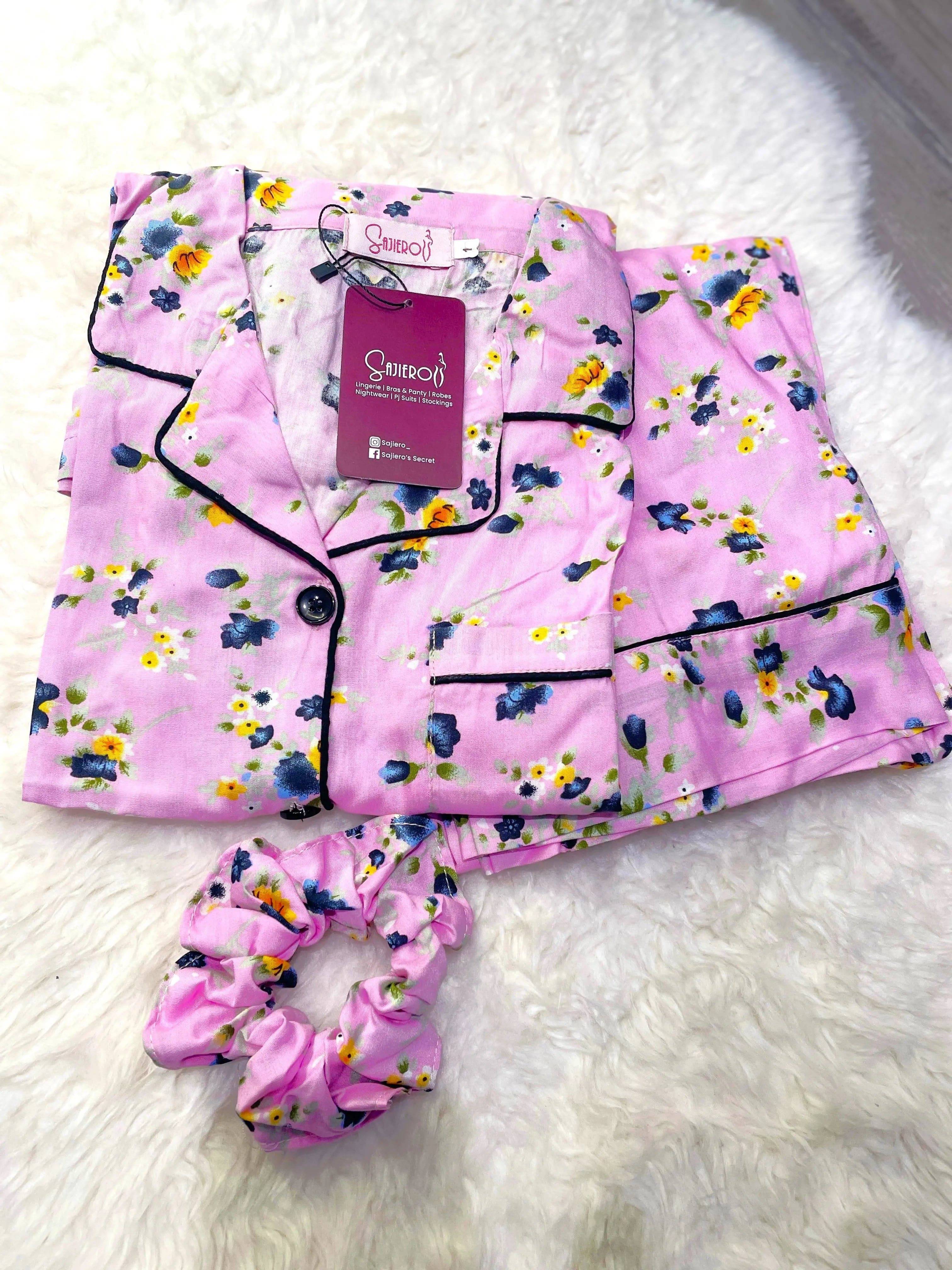 Sajiero Galaxy Boski Linen Printed Pajama Suit Lily Pink Floral - My Store