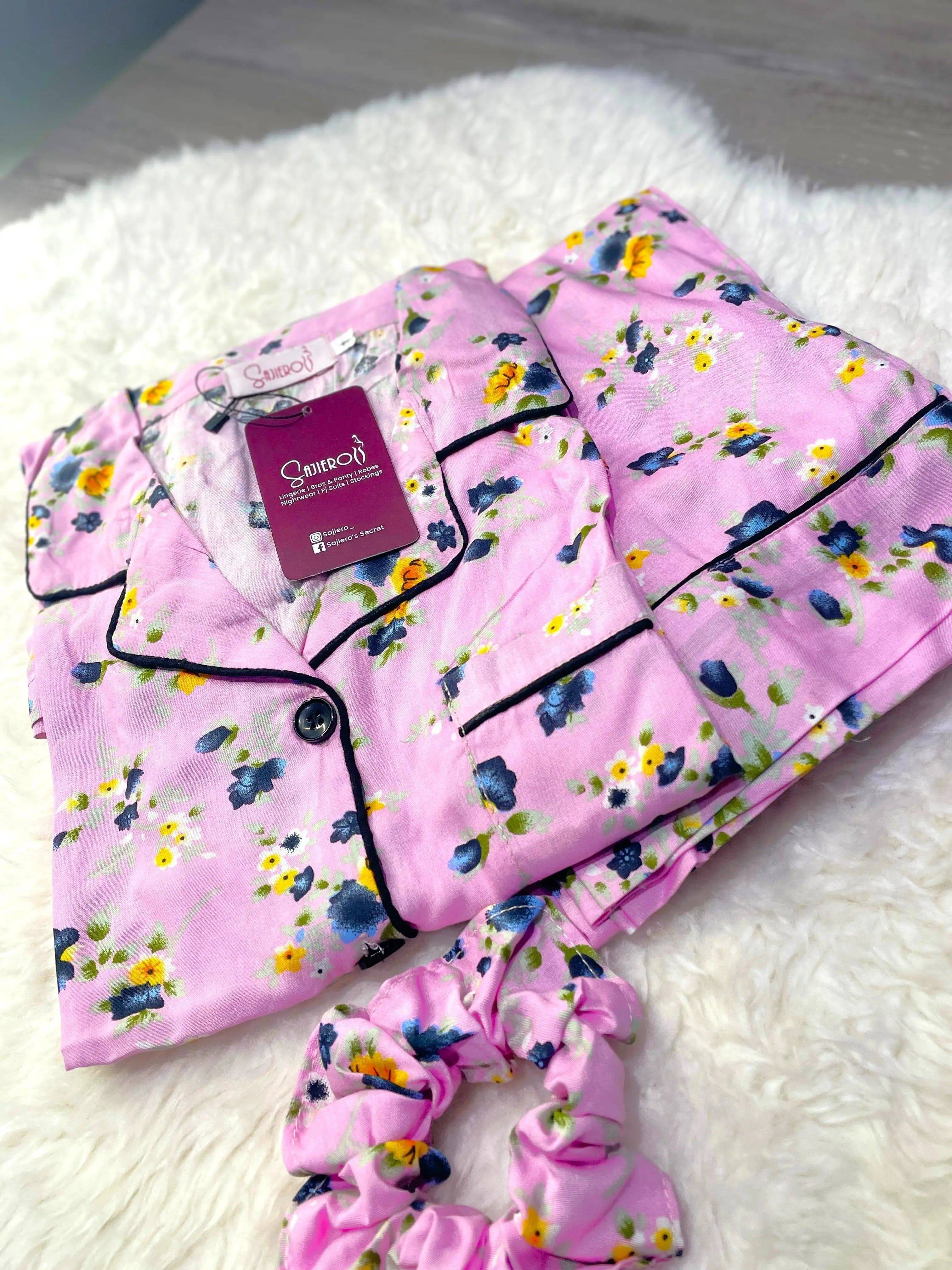 Sajiero Galaxy Boski Linen Printed Pajama Suit Lily Pink Floral - My Store
