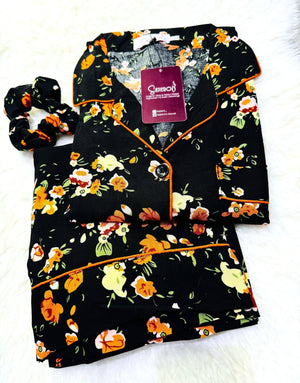 Sajiero Galaxy Boski Linen Printed Pajama Suit Luxury Black - My Store