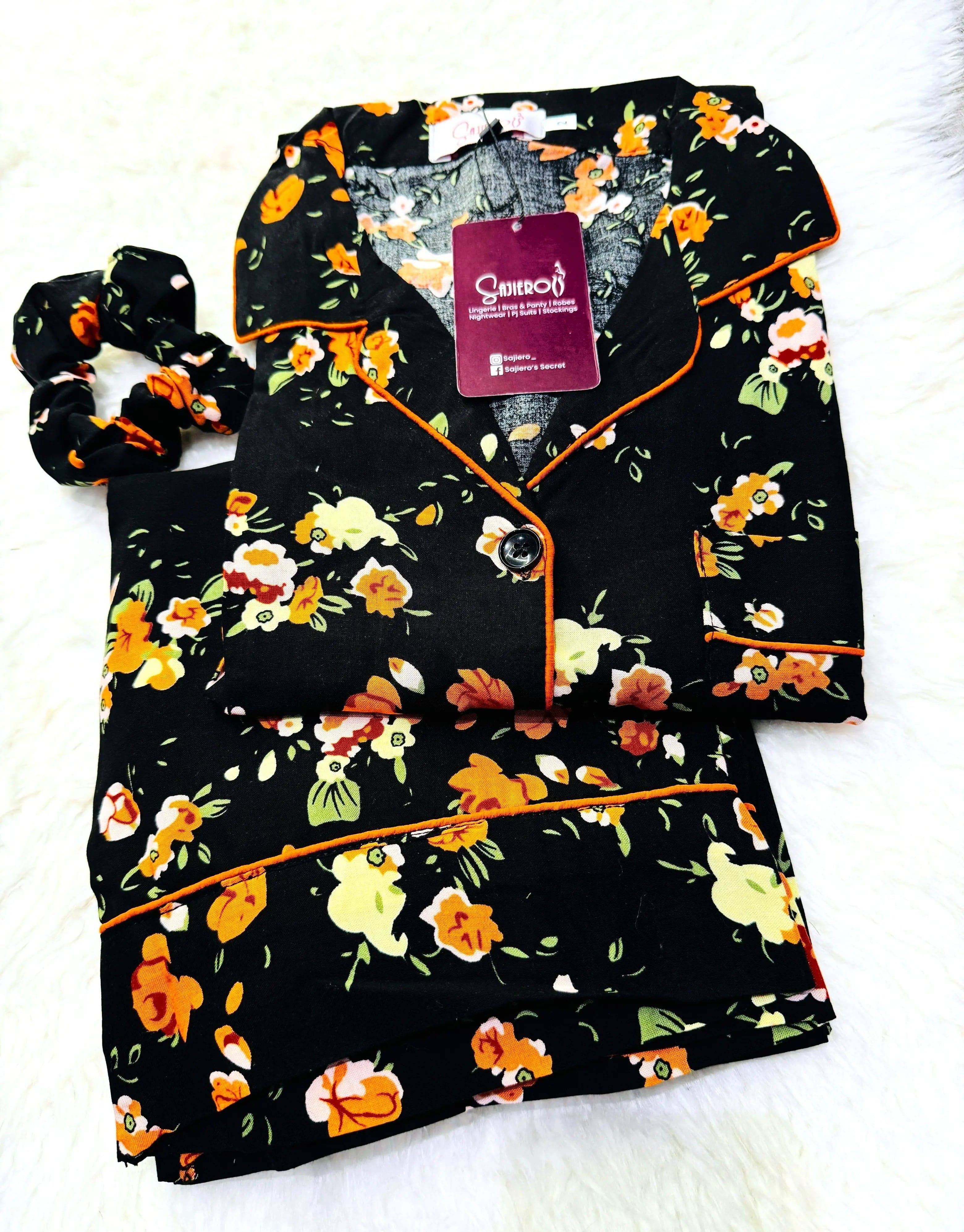 Sajiero Galaxy Boski Linen Printed Pajama Suit Luxury Black - My Store