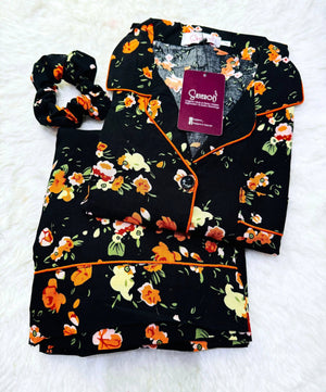 Sajiero Galaxy Boski Linen Printed Pajama Suit Luxury Black - My Store