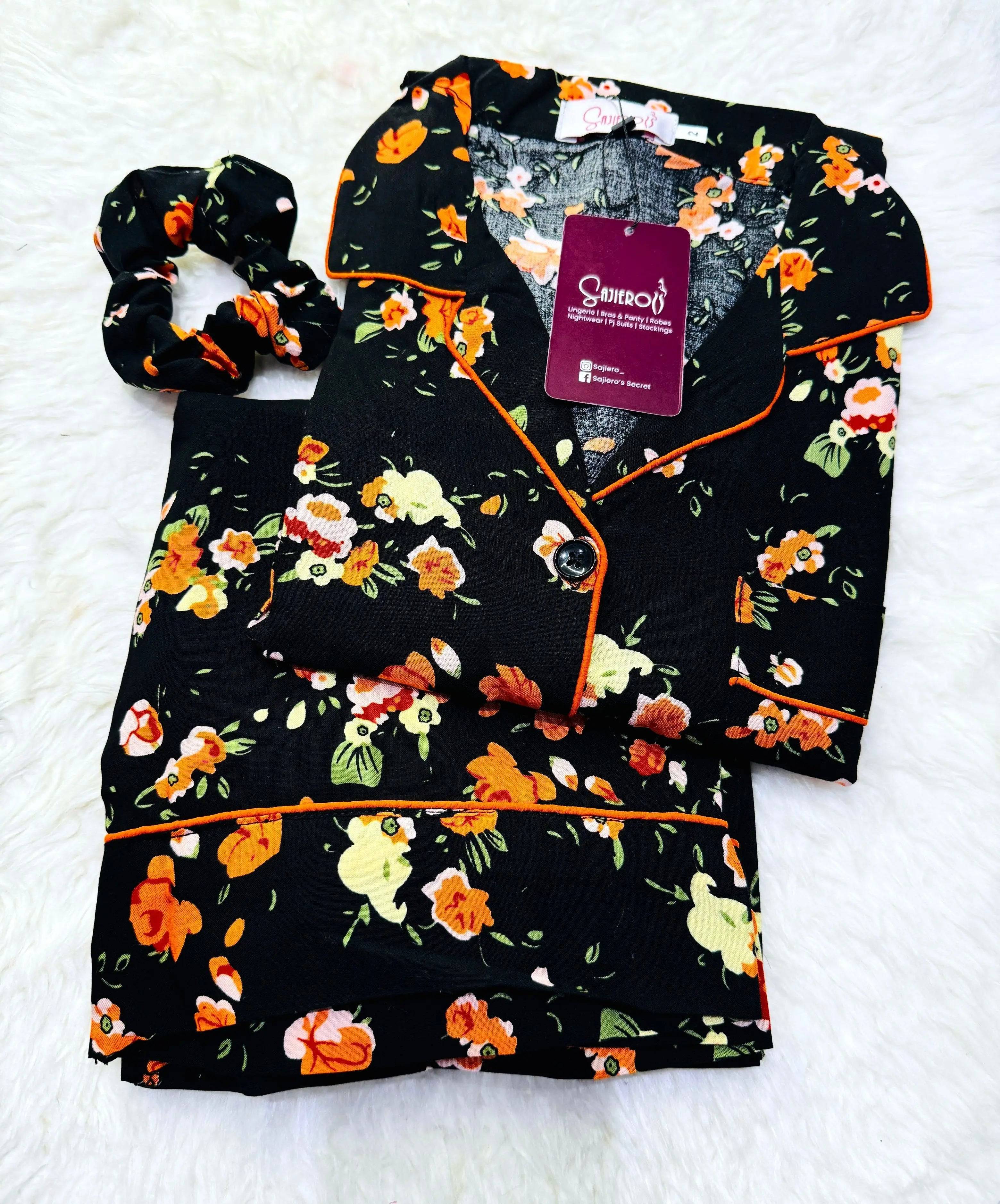 Sajiero Galaxy Boski Linen Printed Pajama Suit Luxury Black - My Store