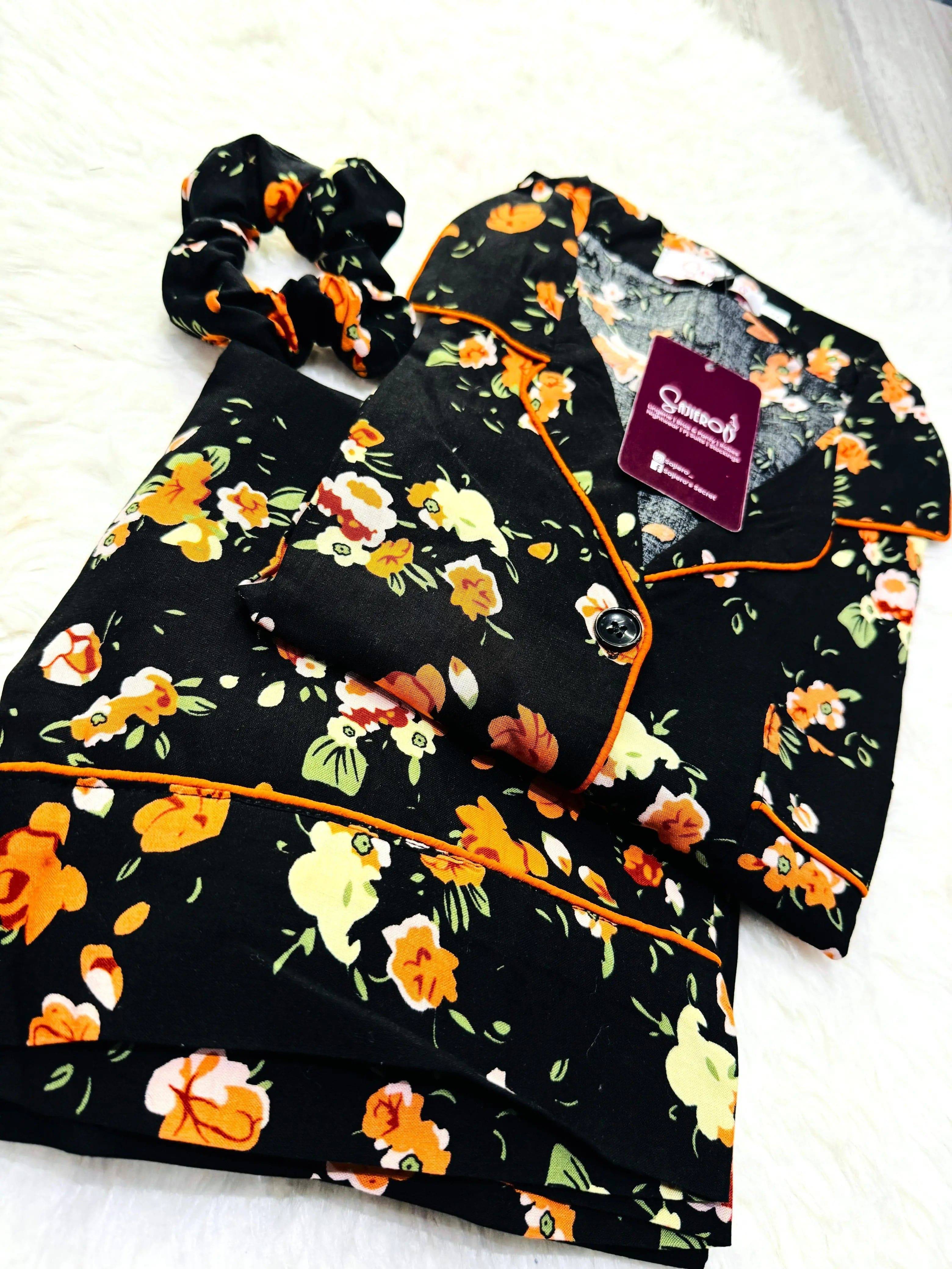 Sajiero Galaxy Boski Linen Printed Pajama Suit Luxury Black - My Store