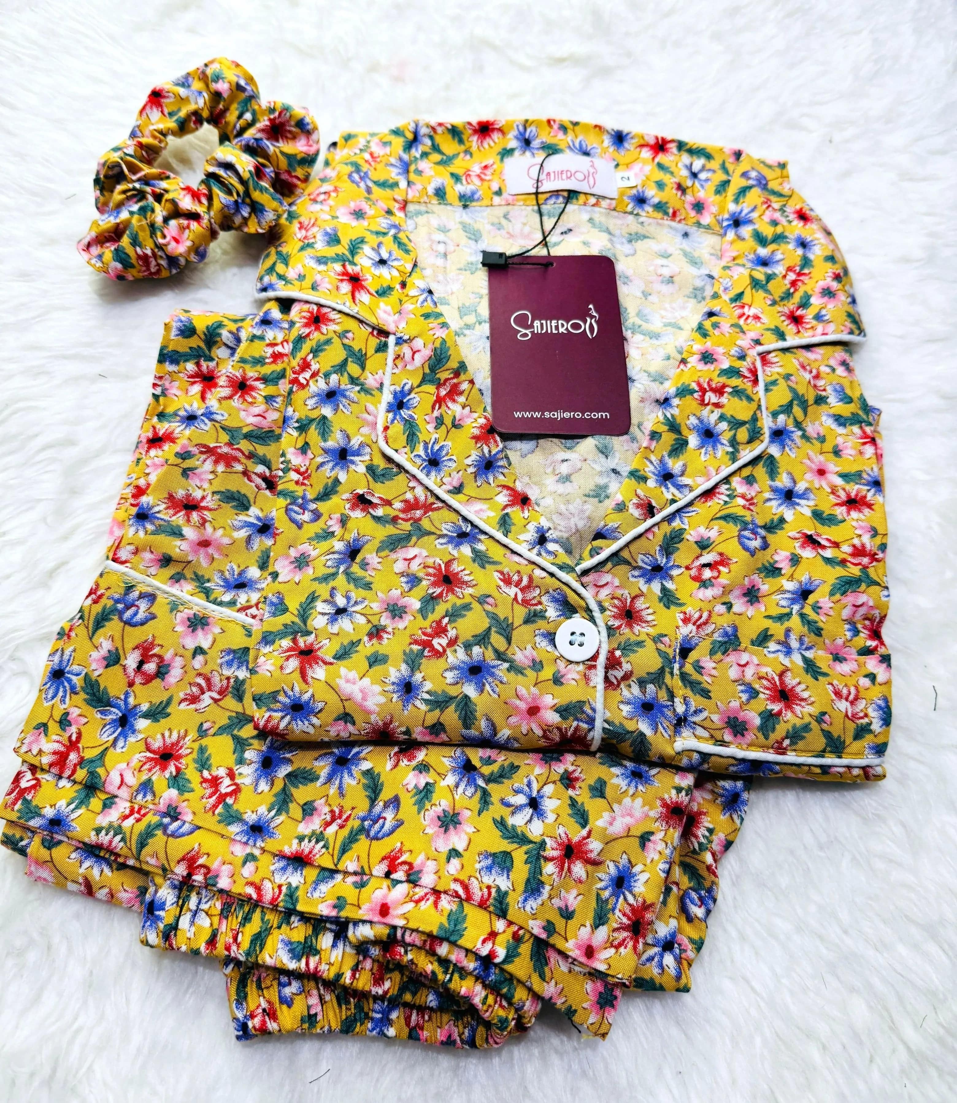Sajiero Galaxy Boski Linen Printed Pajama Suit Luxury Yellow - My Store