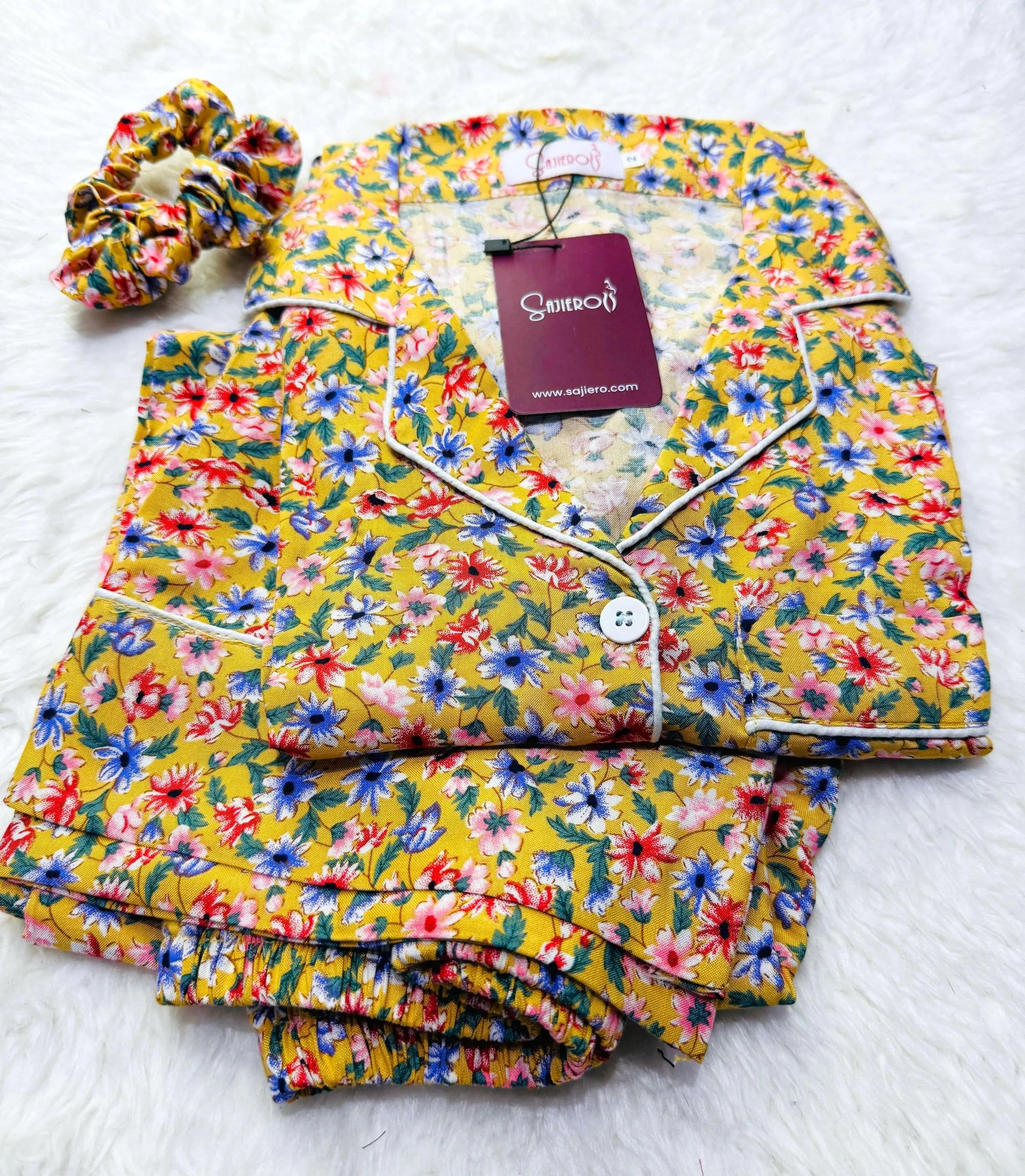 Sajiero Galaxy Boski Linen Printed Pajama Suit Luxury Yellow - My Store