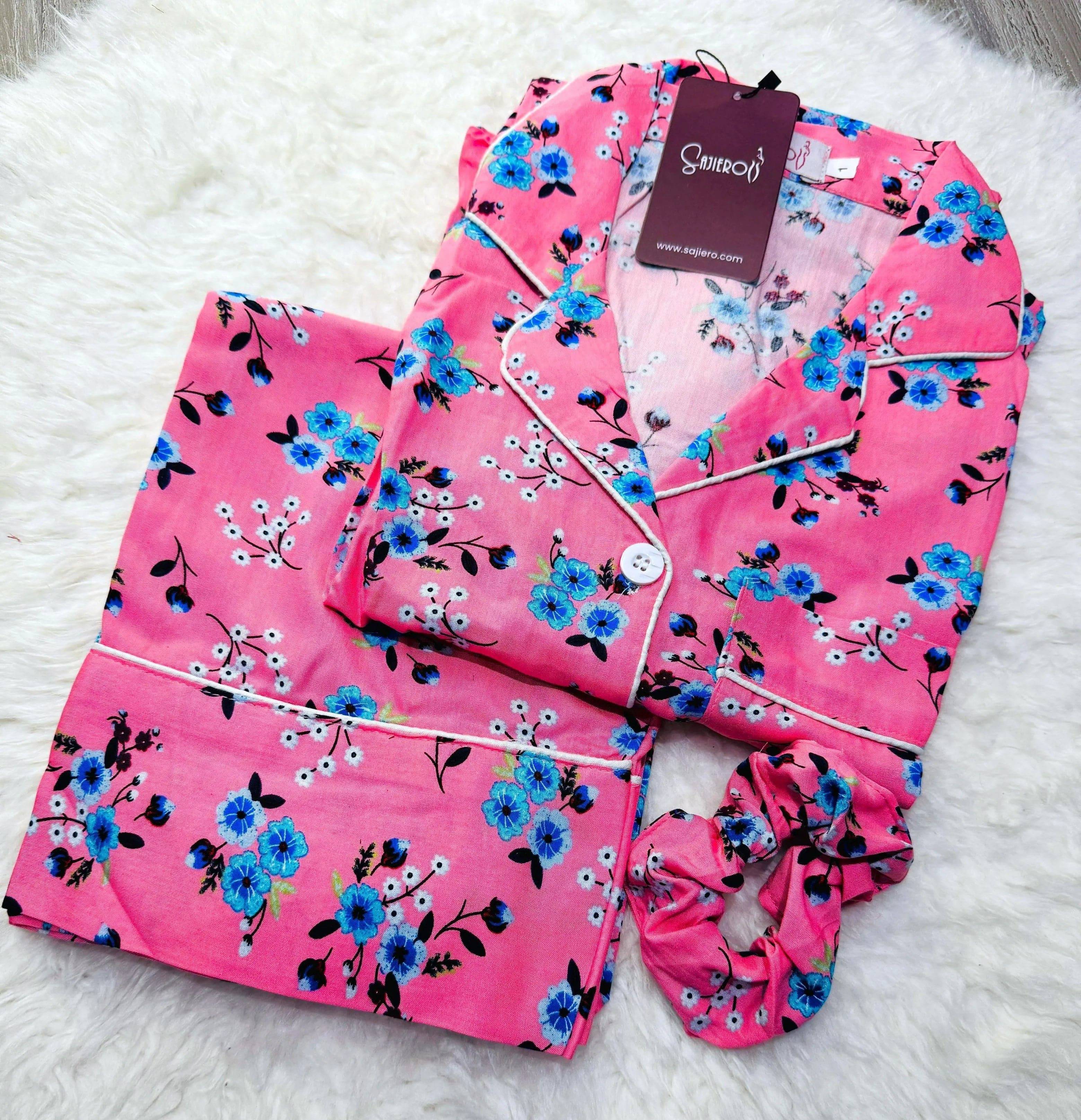Sajiero Galaxy Boski Linen Printed Pajama Suit Milky Pink - My Store