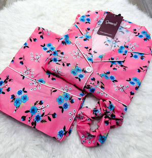 Sajiero Galaxy Boski Linen Printed Pajama Suit Milky Pink - My Store