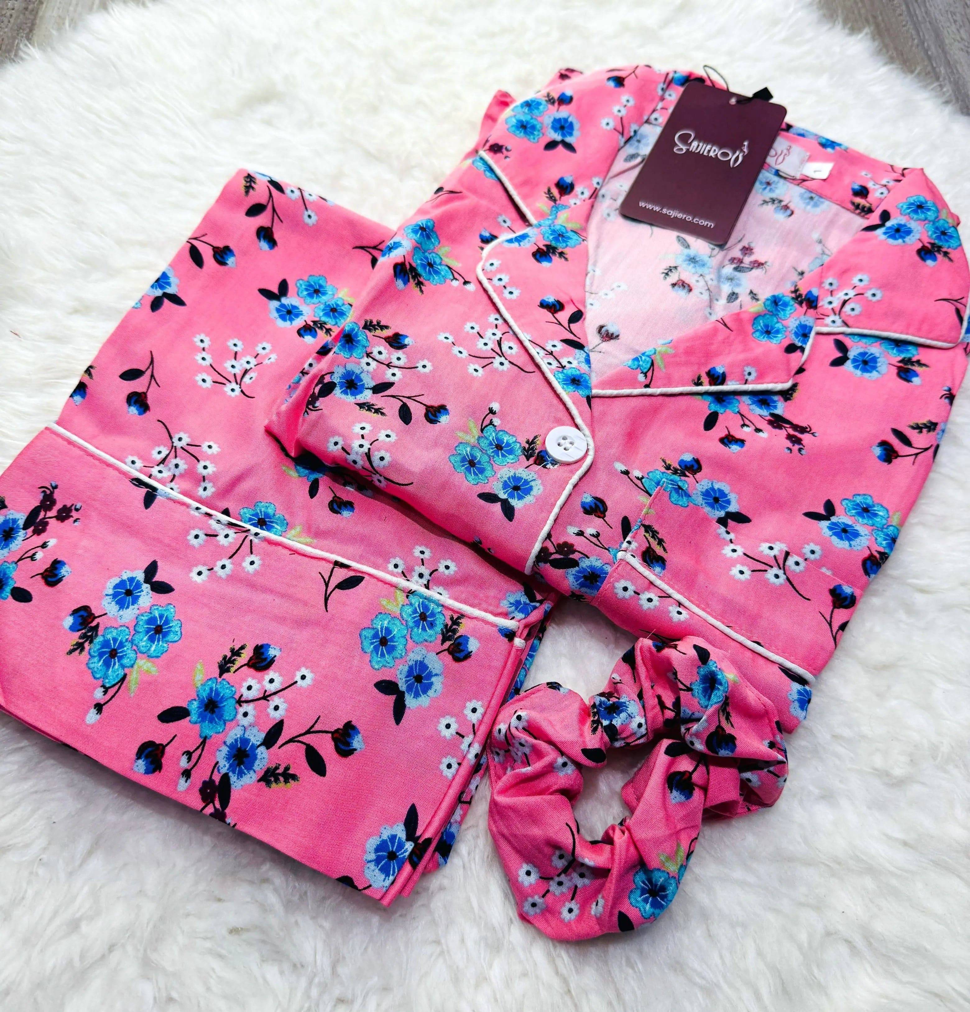 Sajiero Galaxy Boski Linen Printed Pajama Suit Milky Pink - My Store