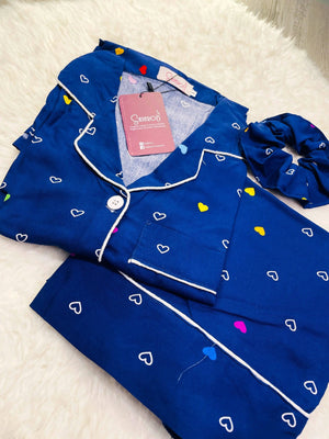 Sajiero Galaxy Boski Linen  Printed Pajama Suit Multi Blue - My Store