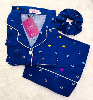 Sajiero Galaxy Boski Linen  Printed Pajama Suit Multi Blue - My Store