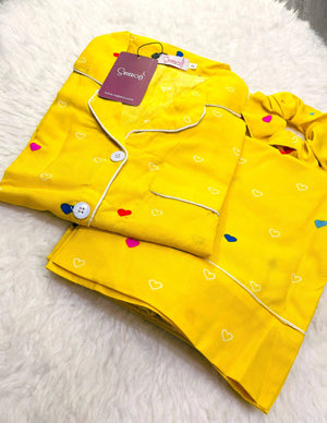 Sajiero Galaxy Boski Linen  Printed Pajama Suit Multi Yellow - My Store