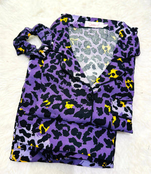 Sajiero Galaxy Boski Linen Printed Pajama Suit Purple Jaguar - My Store