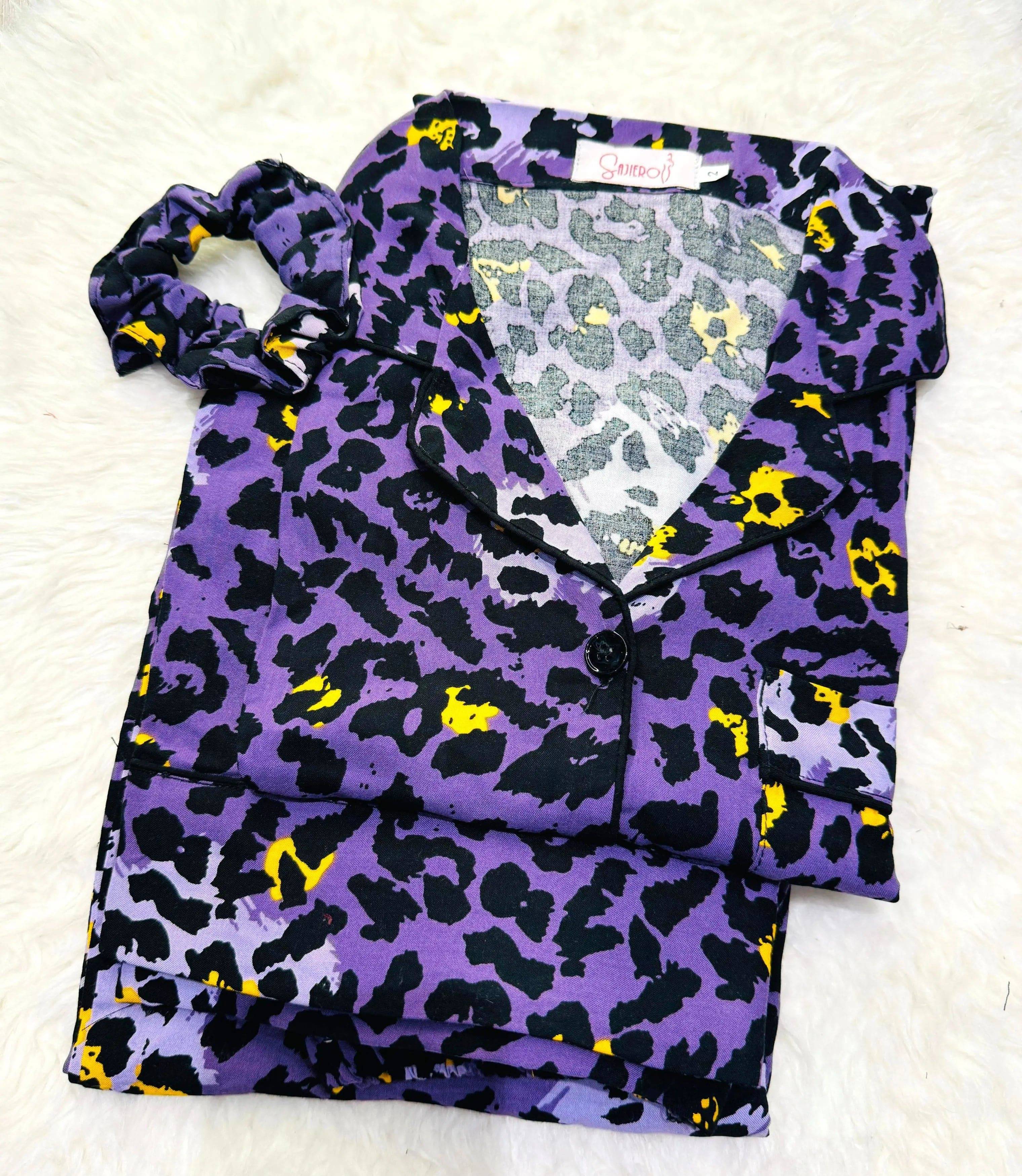 Sajiero Galaxy Boski Linen Printed Pajama Suit Purple Jaguar - My Store