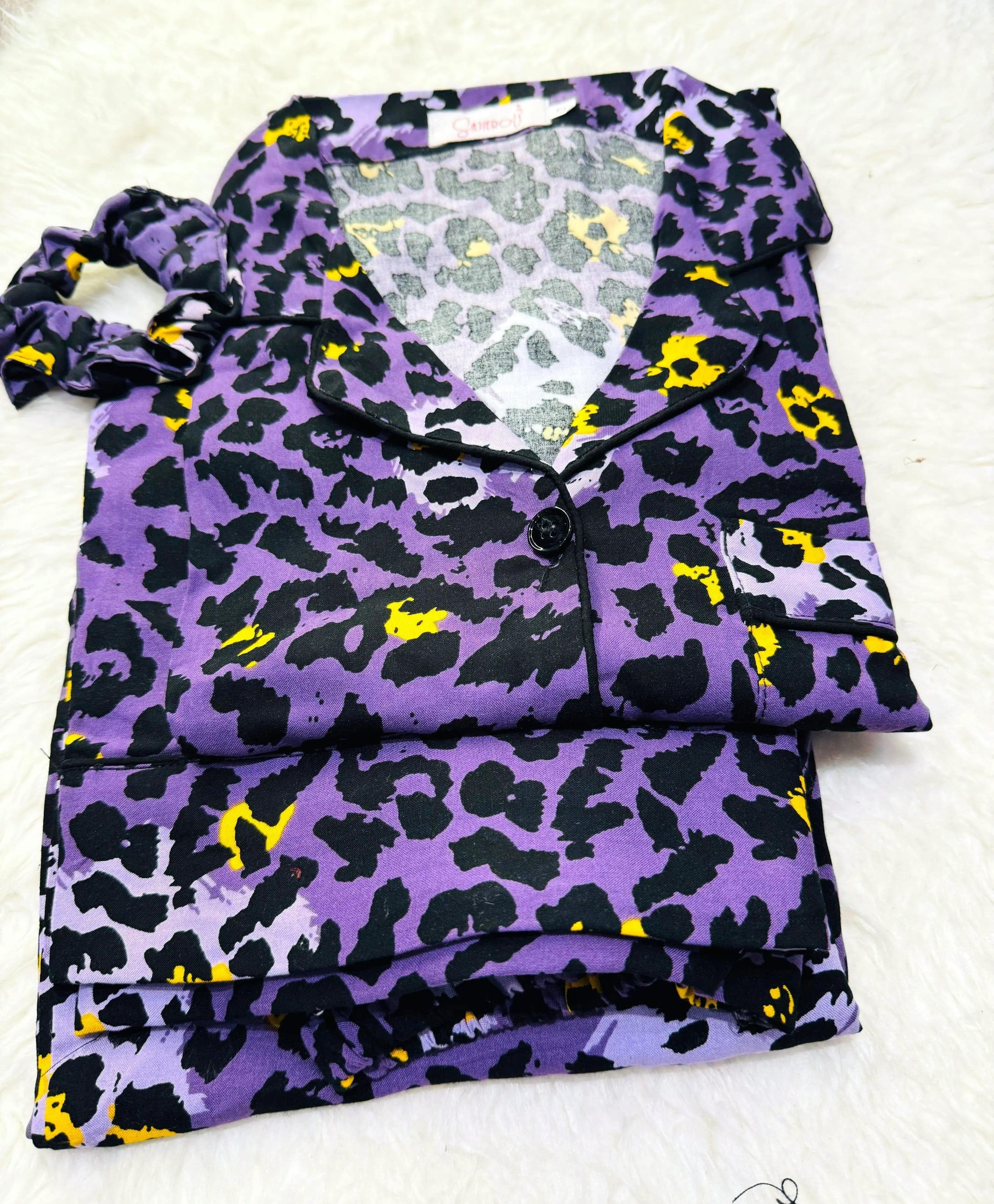Sajiero Galaxy Boski Linen Printed Pajama Suit Purple Jaguar - My Store