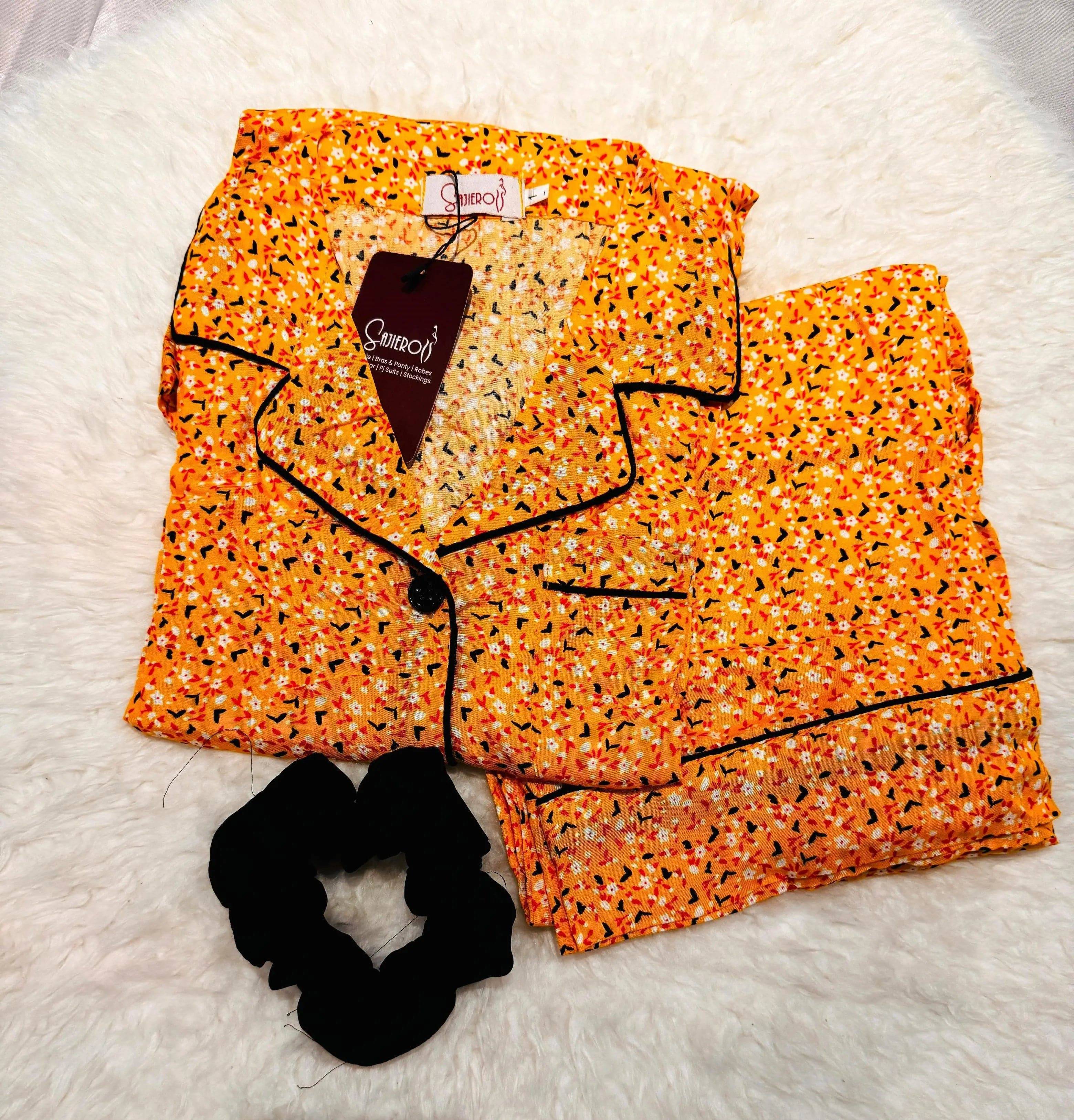 Sajiero Galaxy Boski Linen Printed Pajama Suit Sharp Yellow - My Store