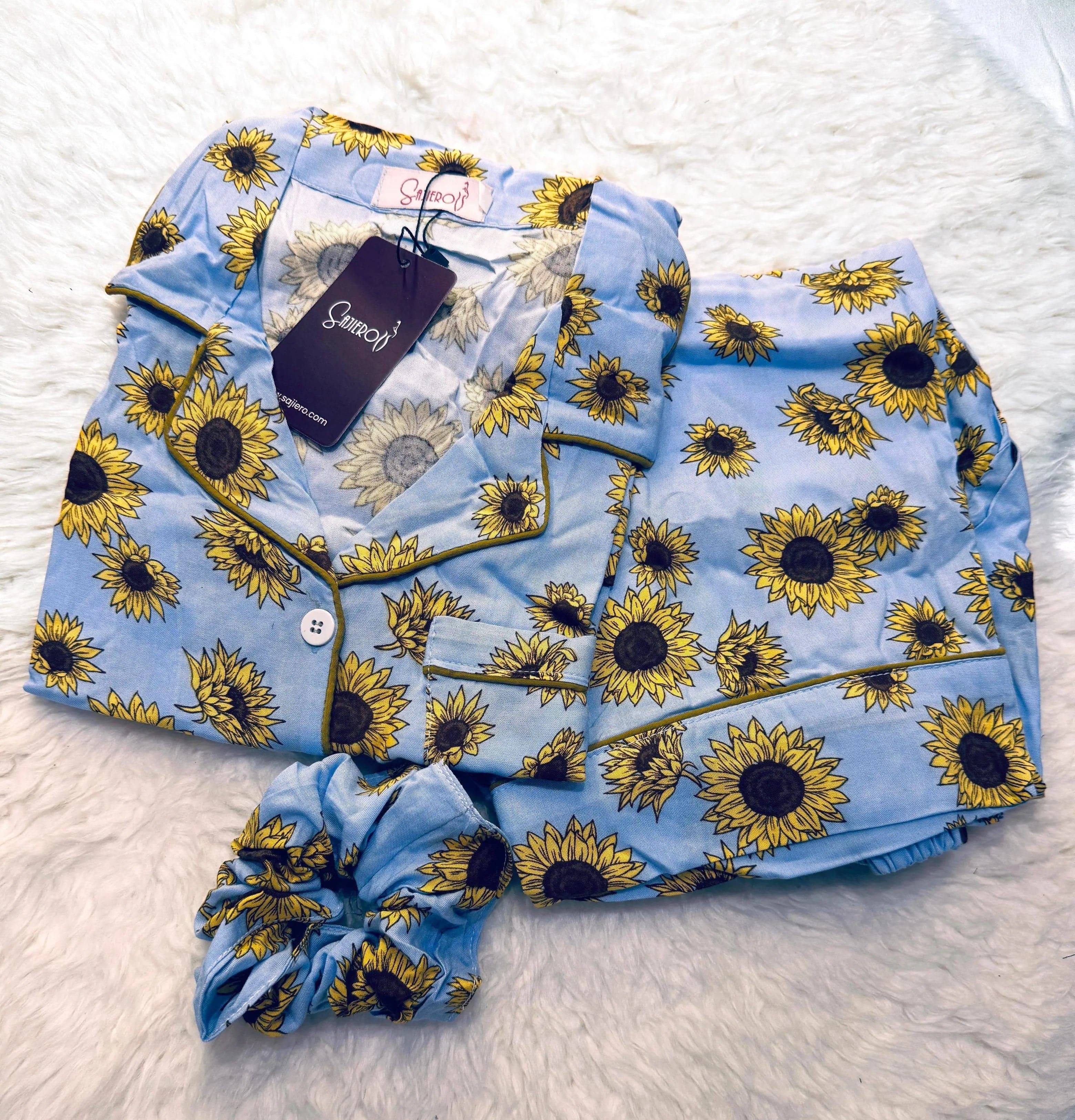 Sajiero Galaxy Boski Linen Printed Pajama Suit Sunflower - My Store