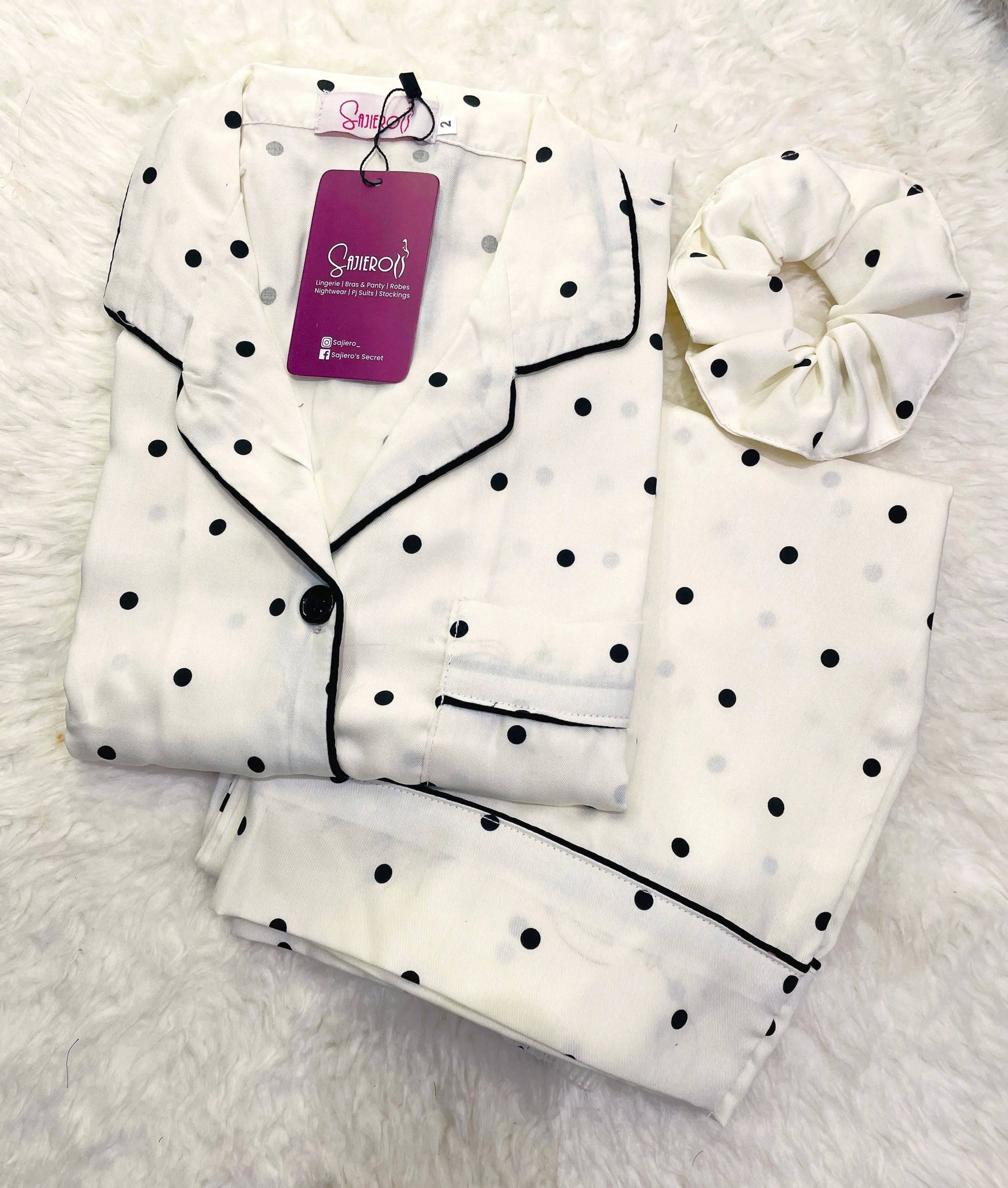 Sajiero Galaxy Boski Linen  Printed Pajama Suit White Polka Dots - My Store