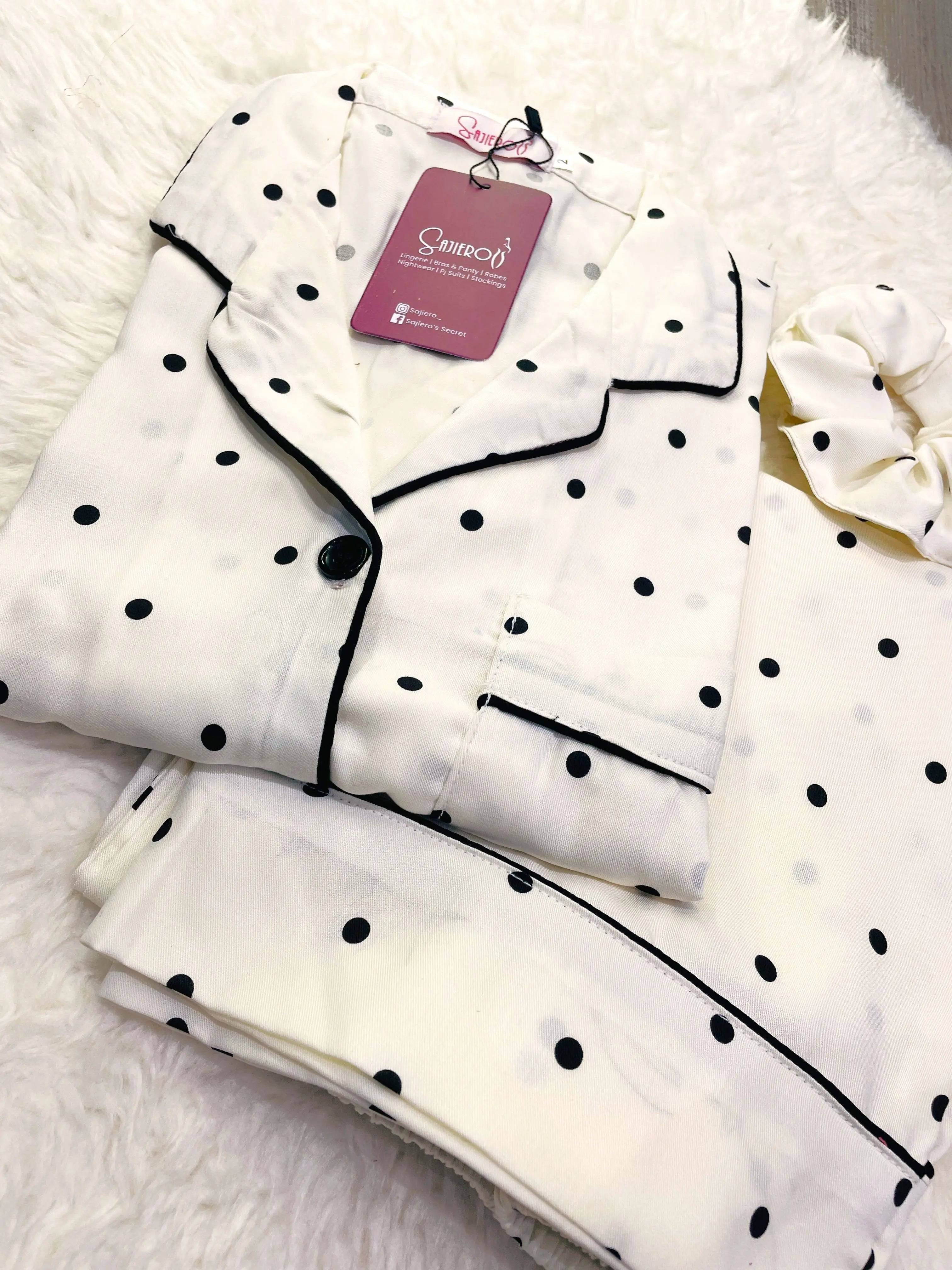 Sajiero Galaxy Boski Linen  Printed Pajama Suit White Polka Dots - My Store