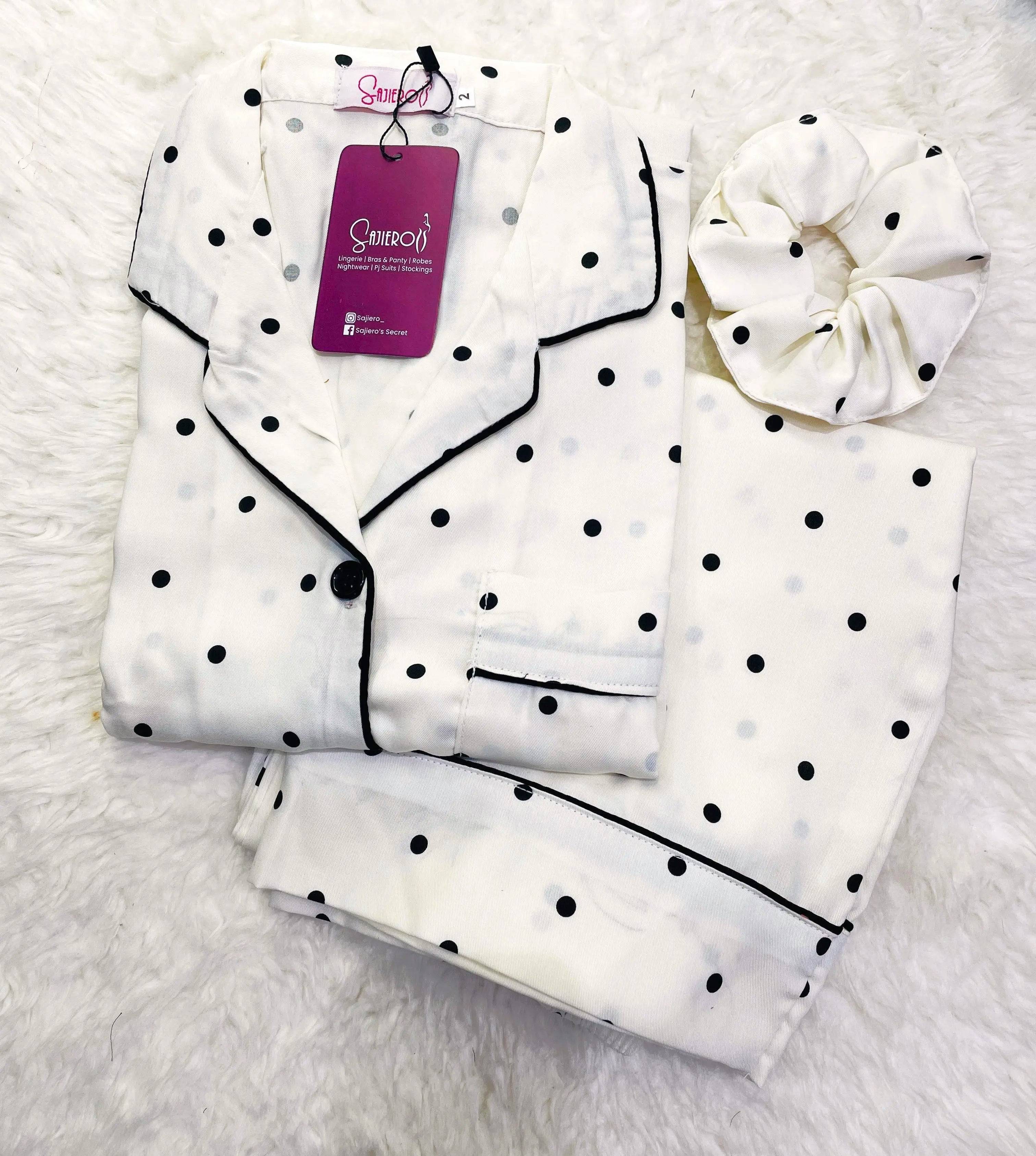 Sajiero Galaxy Boski Linen  Printed Pajama Suit White Polka Dots - My Store