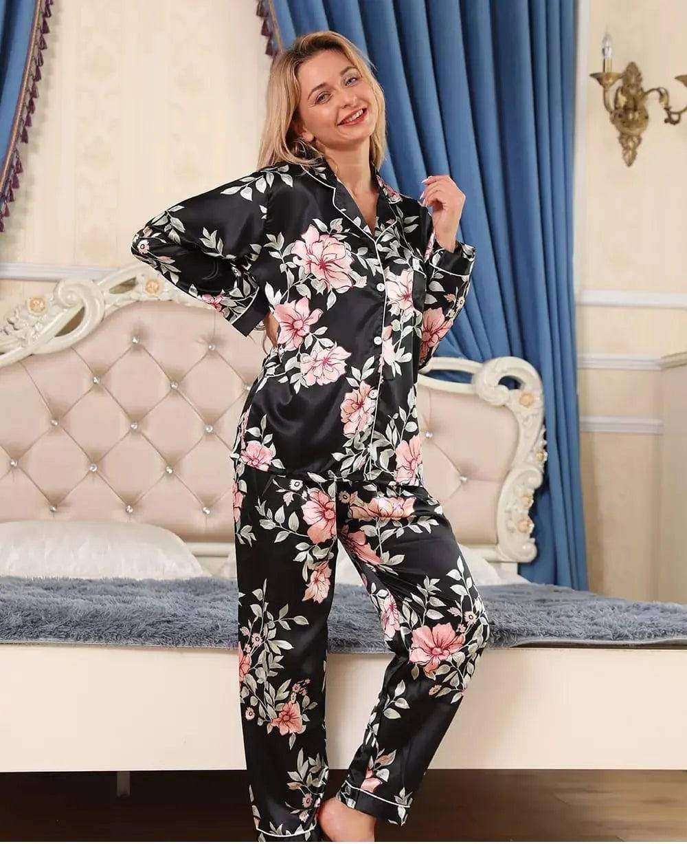 Sajiero Galaxy Floral Printed Pajama Suit Night Black - My Store