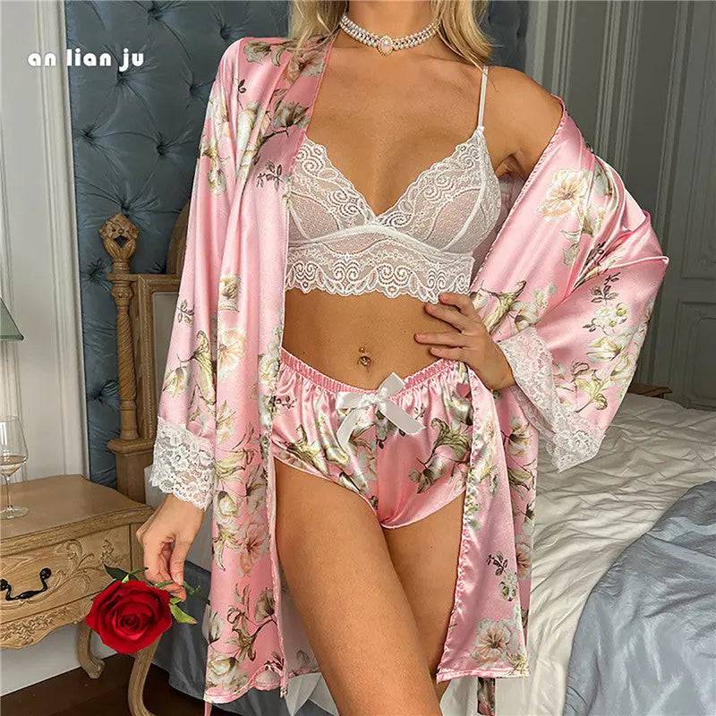 Sajiero Lily Floral Silk 3pcs Nightgown set sexy nightgown with bra and panties price in pakistan 