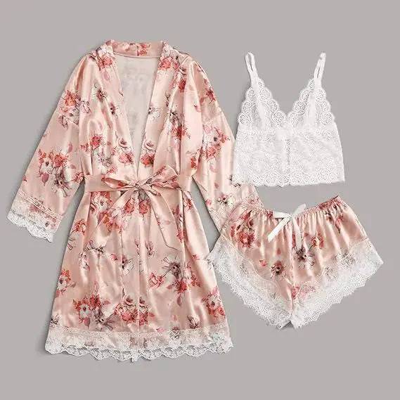 Sajiero Lily Floral Silk 3pcs Nightgown set sexy nightgown with bra and panties price in pakistan