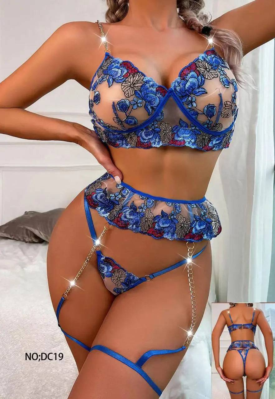 Sajiero Luxury Floral Embroidered Sexy Garter Belt Set - My Store