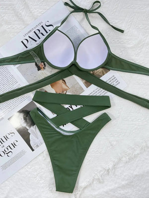 Sajiero Olive Green Elegant Push Up Bikini Set - My Store