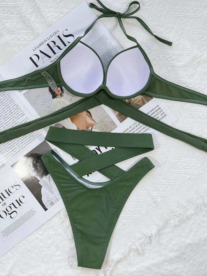 Sajiero Olive Green Elegant Push Up Bikini Set - My Store