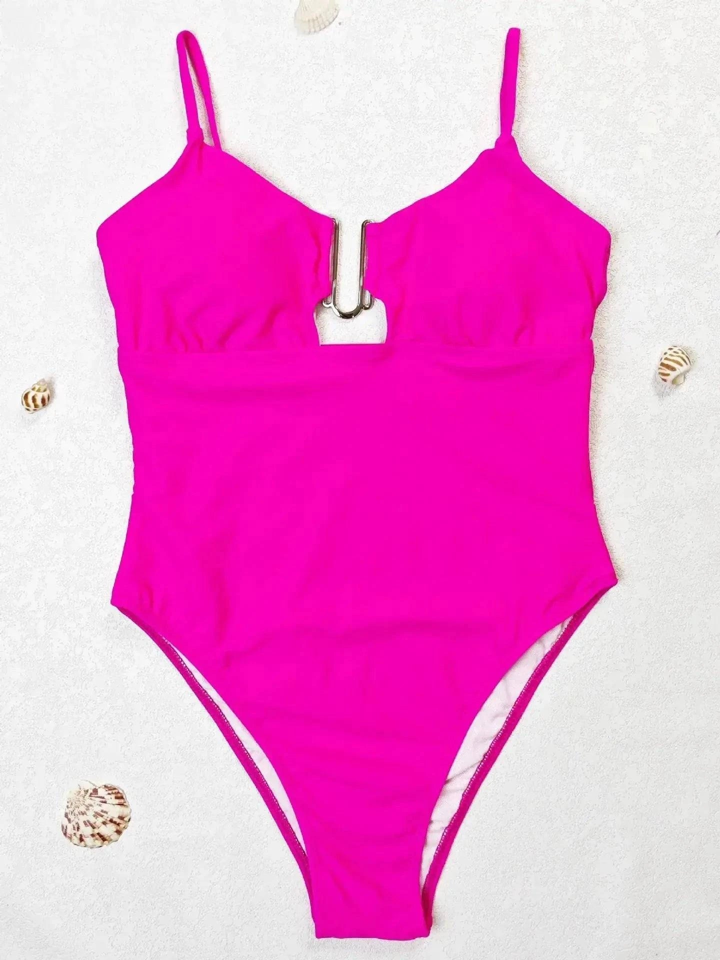 Sajiero Pink V Suspender One piece Bikini Swimsuit - My Store