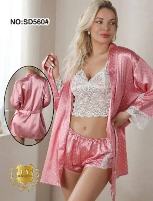 Sajiero Polka Dots Silk 3pcs Nightgown Set - My Store