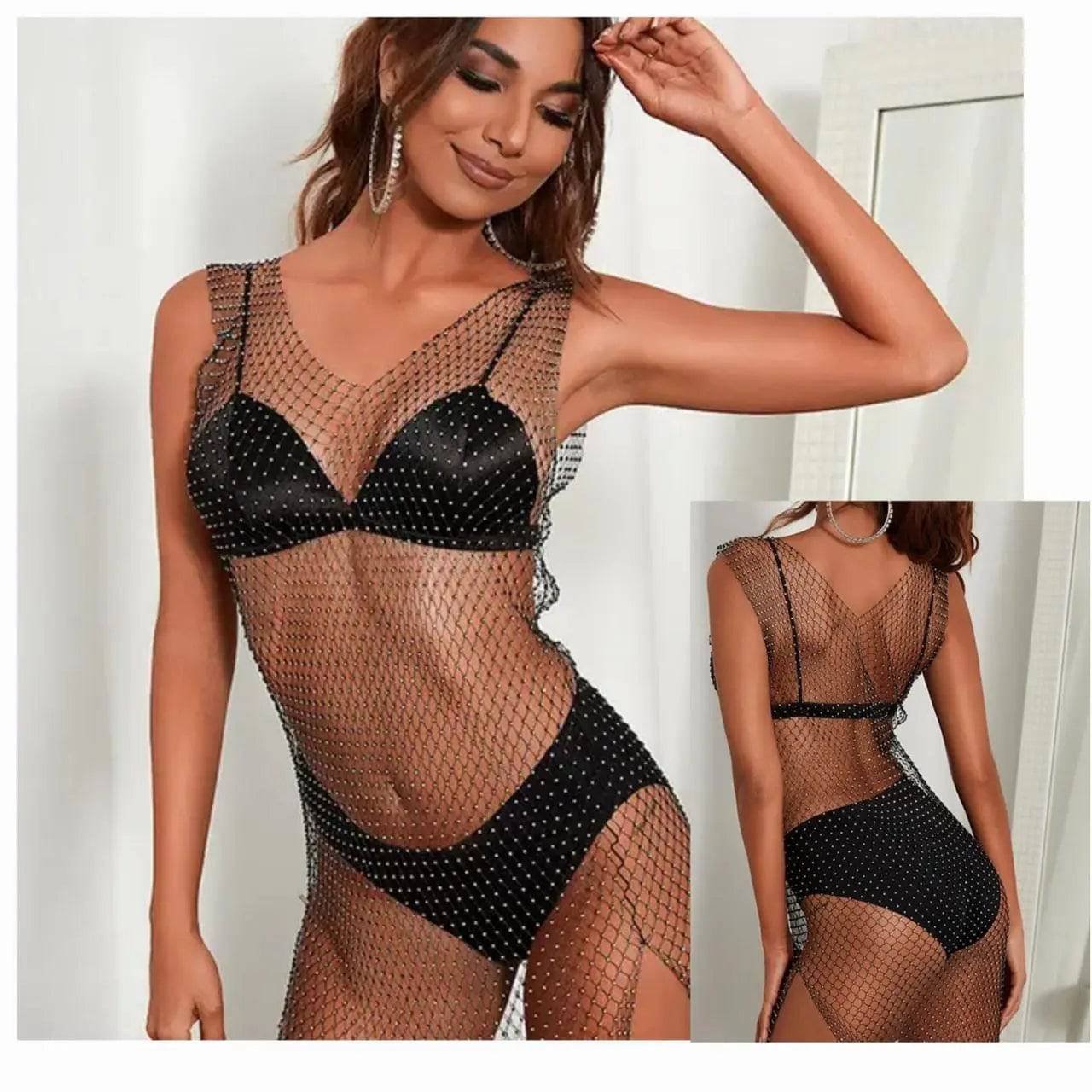 Sajiero Rhinestone Crystal Transparent Sing Short full body transparent net fancy dress for party