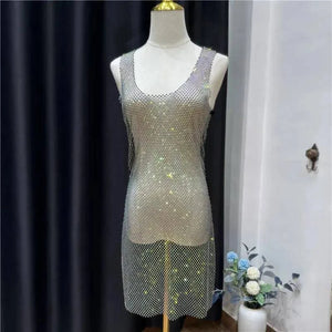 Sajiero Rhinestone Crystal Transparent Sing Short full body transparent net fancy dress for party