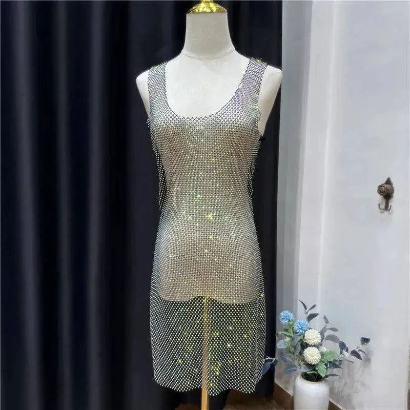 Sajiero Rhinestone Crystal Transparent Sing Short full body transparent net fancy dress for party