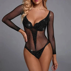 Sajiero Rhinestones Deep V Neck Half Body Transparent Stocking - My Store