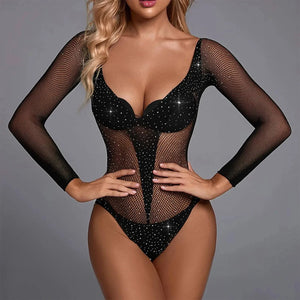 Sajiero Rhinestones Deep V Neck Half Body Transparent Stocking - My Store