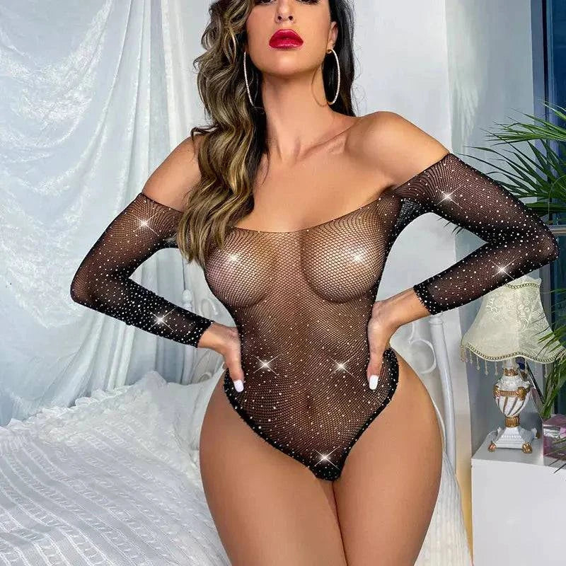 Sajiero Rhinestones Off Shoulder Half Body Transparent Stocking - My Store