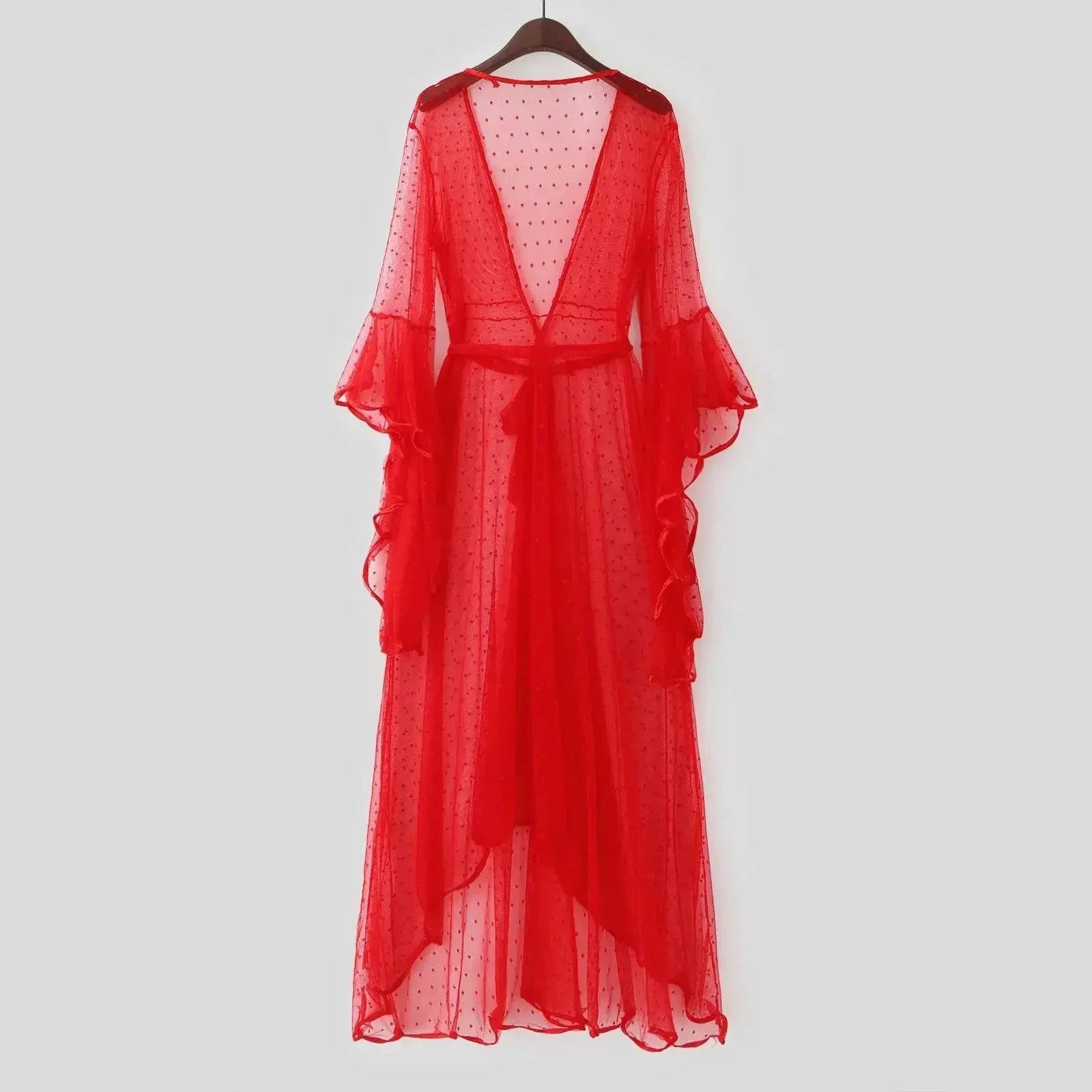 Sajiero Spark Dots 3pcs Transparent Hot Red Nightgown - My Store