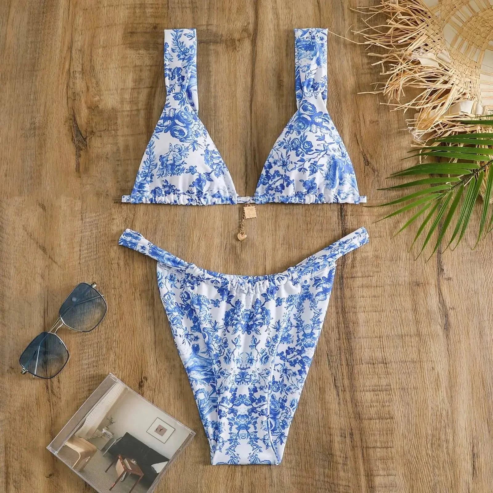 Sajiero White Floral Print V Neck Bikini Set - My Store