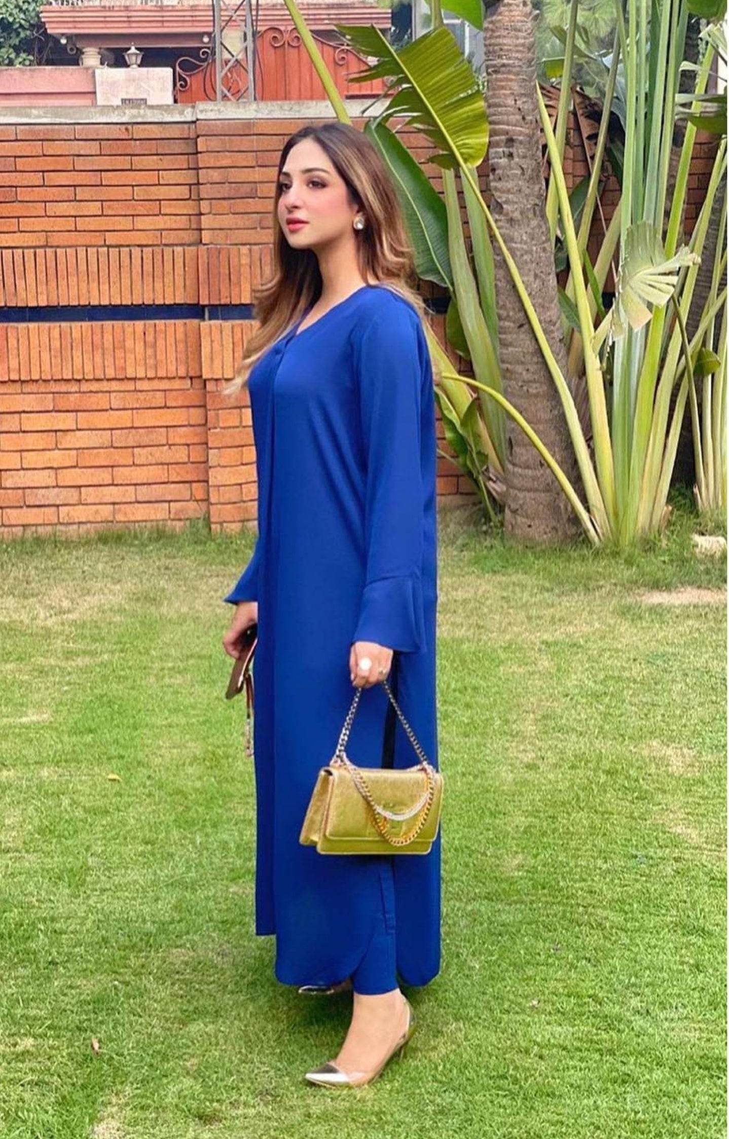 Manahils Stitched Co Ords Tunic V Neck Pleated Blue Two Pc