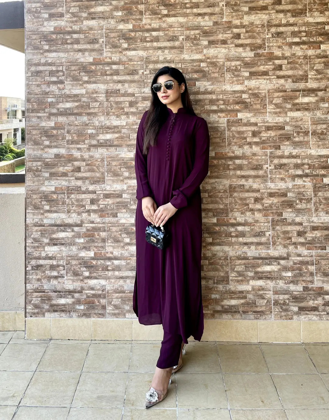 Manahils Stitched Purple Long Button Set