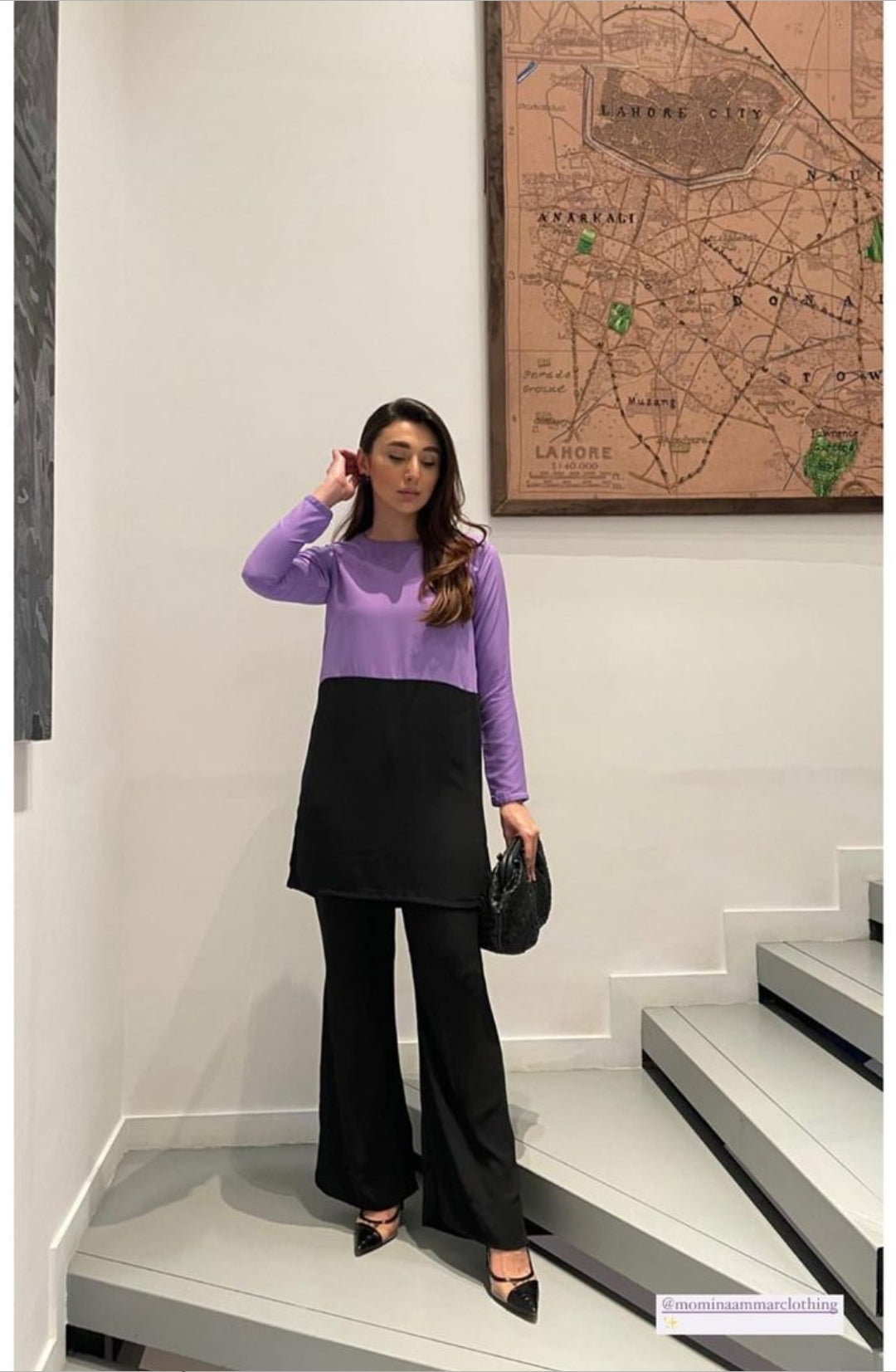 Manahils Stitched Co Ords Black & Lavender Co-Ord Set